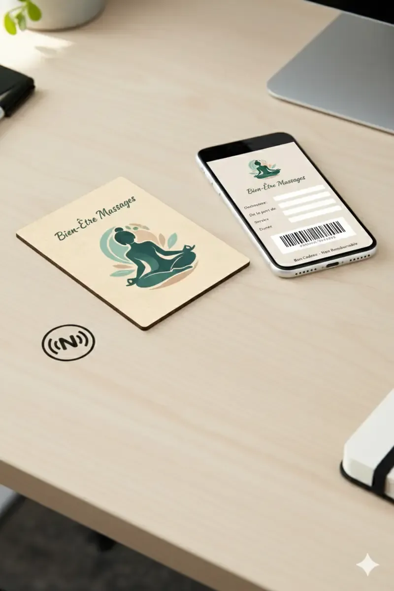 Carte postale bois NFC personnalisée avec formulaire d’inscription stage yoga