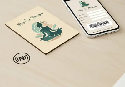 Carte postale bois NFC personnalisée avec formulaire d’inscription stage yoga
