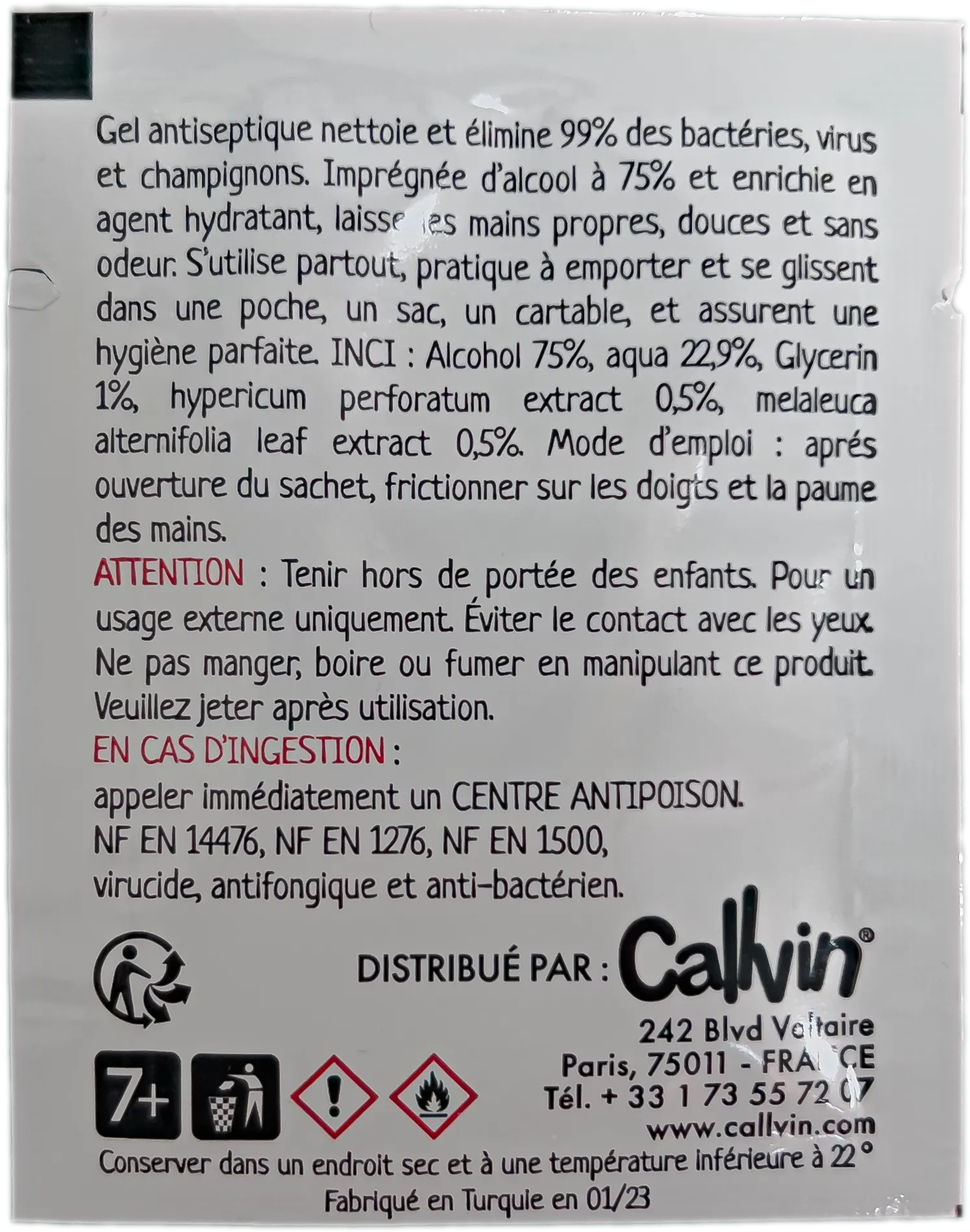Dosette de gel hydroalcoolique, face arrière avec mentions réglementaires