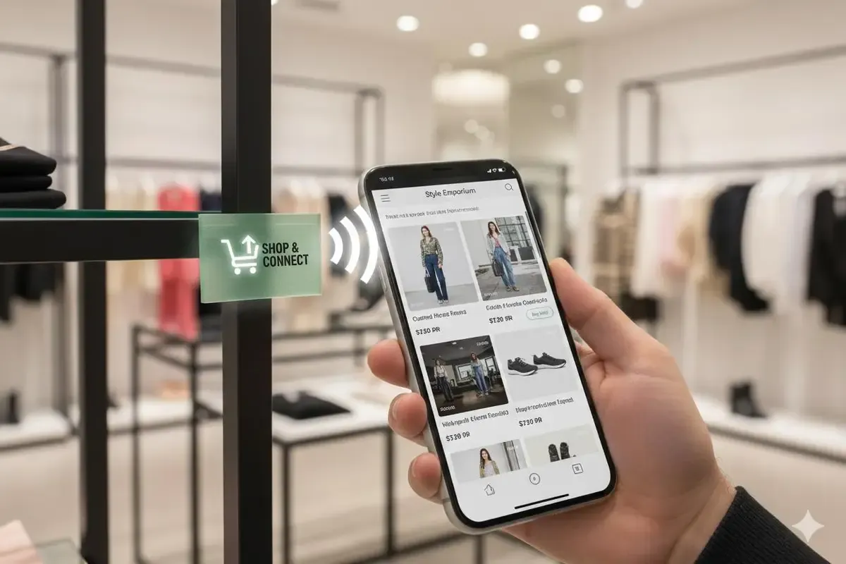Magnet publicitaire NFC personnalisé exposé en boutique avec branding visible