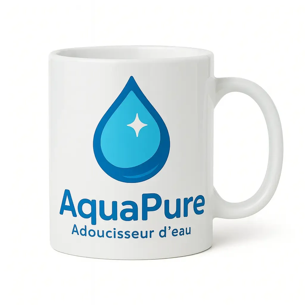 Mug NFC personnalisé aux couleurs Aquapure, démonstration d’impression logo