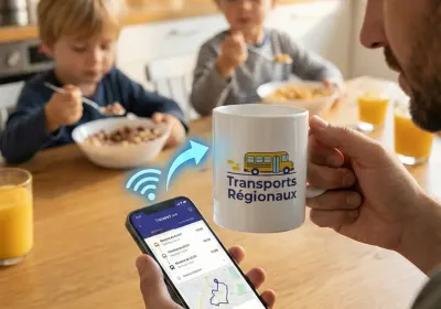 Mug publicitaire NFC personnalisé scanné avec un smartphone pour accéder au contenu digital