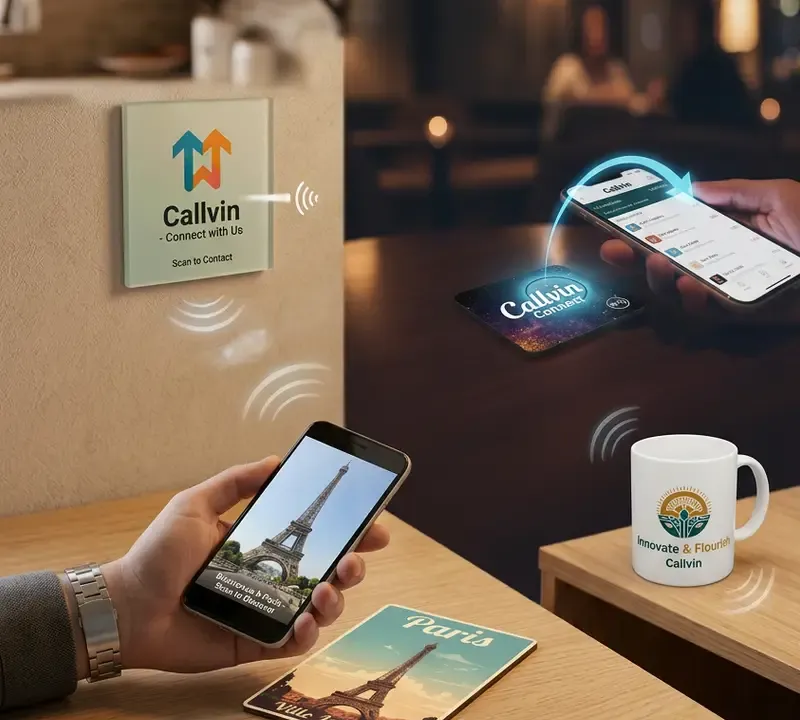 Objets promotionnels NFC Callvin : mugs, magnets, sous-verres et cartes bois connectés pour campagnes interactives