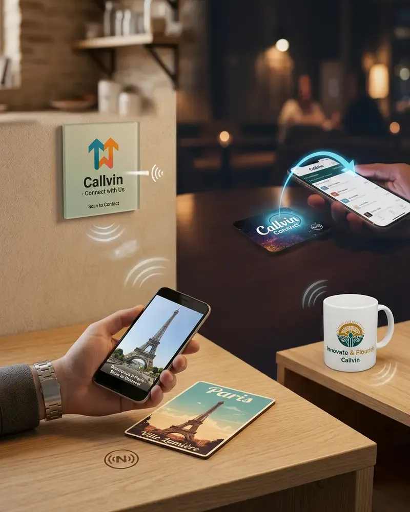 Objets promotionnels NFC Callvin : mugs, magnets, sous-verres et cartes bois connectés pour campagnes interactives
