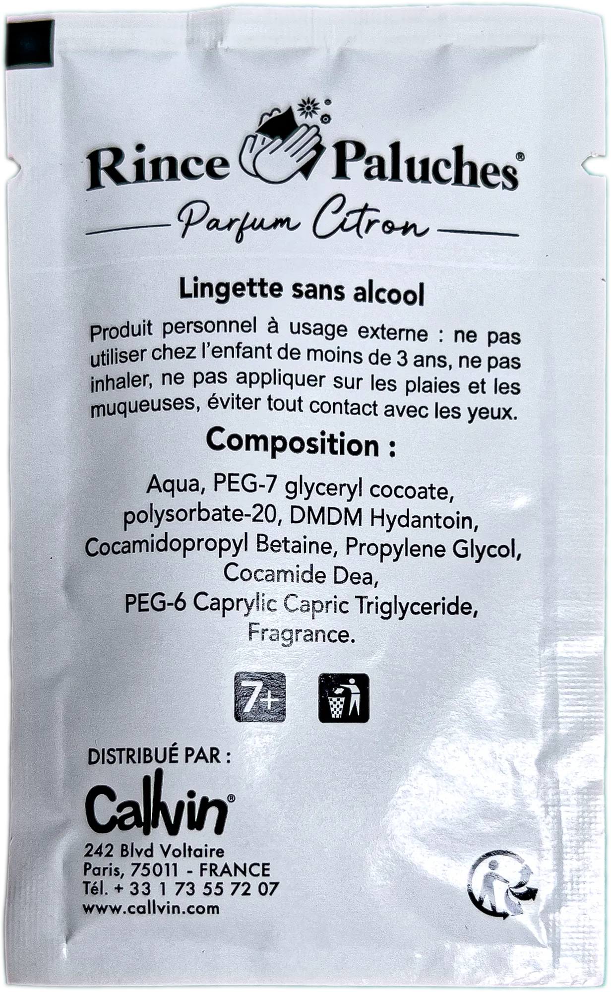 Lingette rince-doigts citron coco, face arrière avec composition et mentions