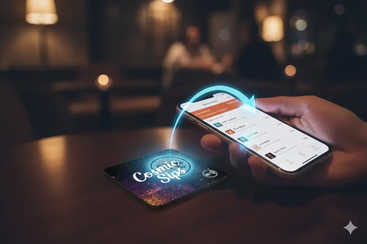 Sous-verre publicitaire NFC personnalisé posé sur un bar, prêt à être scanné